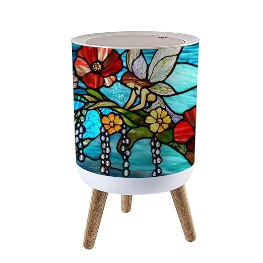 Trash Can with Lid Turquoise Backdrop Fairy Glass Dew Drops Press Top Round Small Garbage Bin with Wooden Legs Waste Basket for Kitchen Bedroom Nursery 7L/1.8 Gallon