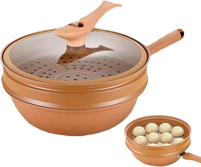 awakentti Light weight Cast Iron Wok, Iron Wok With Lid, Nonstick Wok, Steaming And Cooking All In 1 Frying Wok Flat Bottom for Induction, Electric, Gas, Halogen, All Stoves