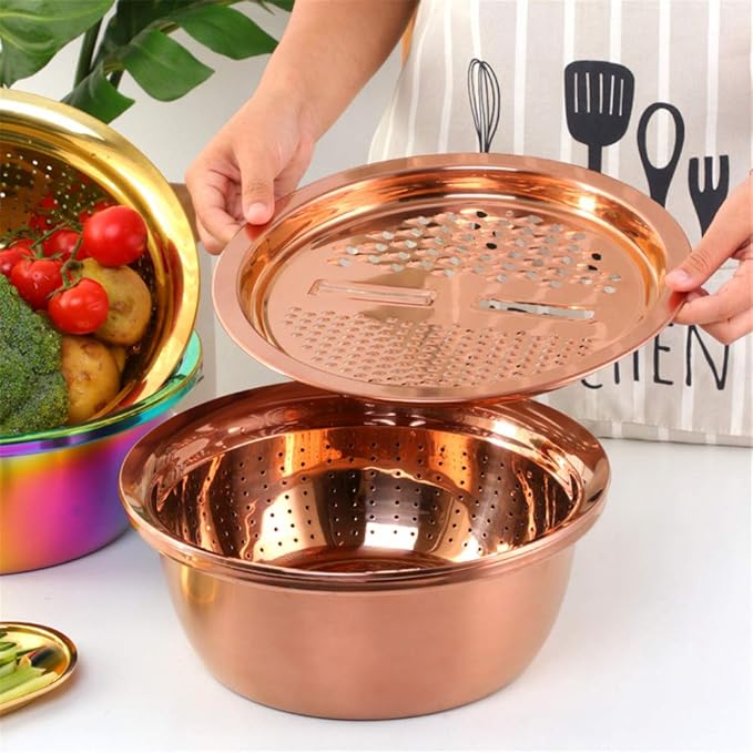 3-In-1 Multifunctional Grater Basin Colander Strainer Set, Mingcheng Stainless Steel Kitchen Grater/Drain Basket/Bottom Basin for Washing Rice, Fruits, Vegetable, Grater with Container (Rainbow)