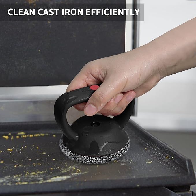 Cast Iron Cleaner Scrubber with Heavy Duty Handle, 3mm Welded Chain Mail Scrubber for Pan Pot Cleaning - Small Ring Chainmail Scrubber Metal Scrub Sponge Skillet, Oven, Griddle, Wok Brush