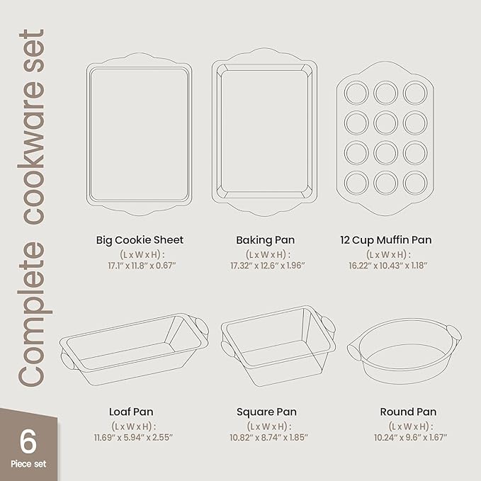 BAKKENMASTER Baking Set – 6 Piece Kitchen Oven Bakeware Set – Deluxe Non-Stick Black Coating Inside and Outside – Carbon Steel – Red Silicone Handles – PFOA PFOS and PTFE Free by Bakken