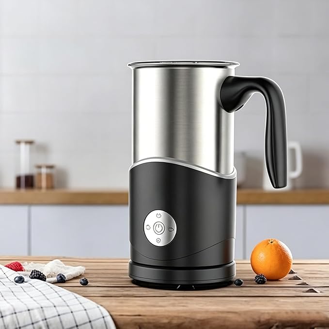 Electric Milk Frother, Stainless Steel Automatic Milk Steamer with 4 Functions, Ergonomic Handle, One-Button Operation for Hot Milk, Hot Chocolate, Hot and Cold Milk Foam