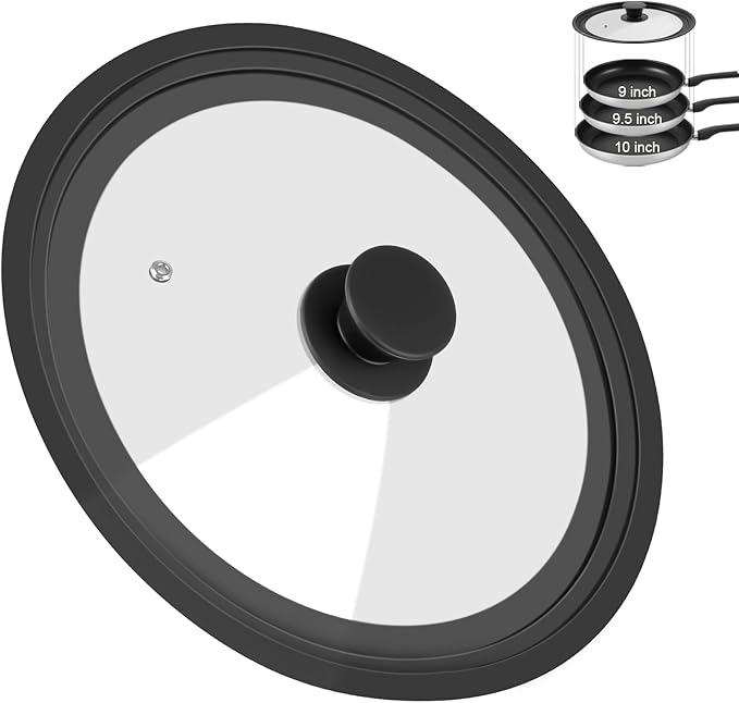 Universal Lid for Pots Pans and Skillets, Pan Cover Fit 9", 9.5",10" Diameter Cookware, Silicone Replacement Lids with Tempered Glass for Frying Pans, Cast Iron