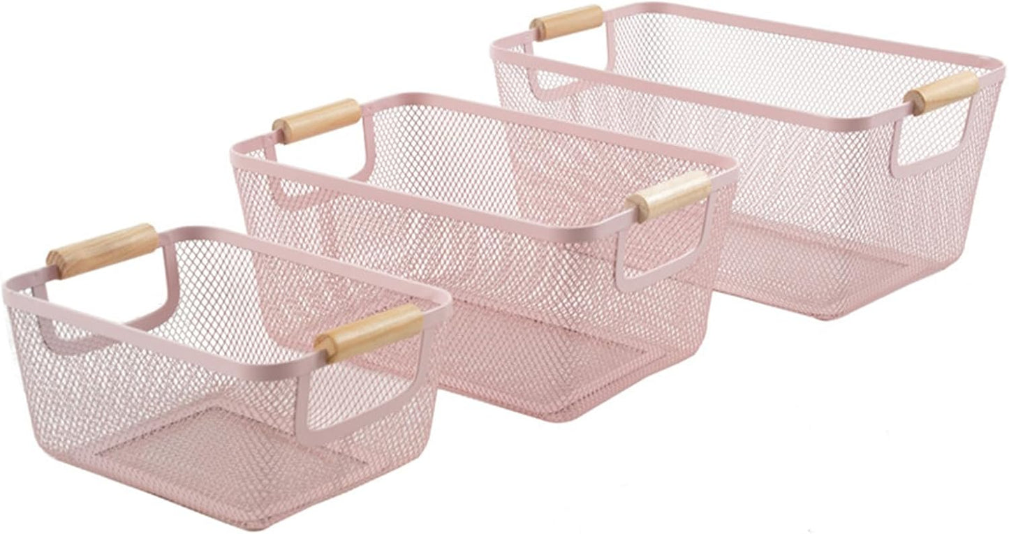 Metal Mesh Steel Basket, Small Wire Storage Organizer Baskets Multi-function Hanging Kitchen Basket with Wood Handle for Kitchen Bathroom Picnic Home, Rectangle-Pink