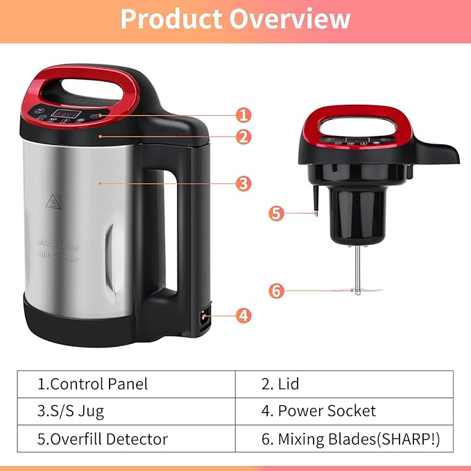 Soup Maker 1.6 L, 4-in-1 Multifunctional Smooth Soup and Chunky Soup Machine Maker with LCD Control Panel, Stainless Steel Electric Hot Soup Maker, 2-5 Servings, Smart Living for Home Use