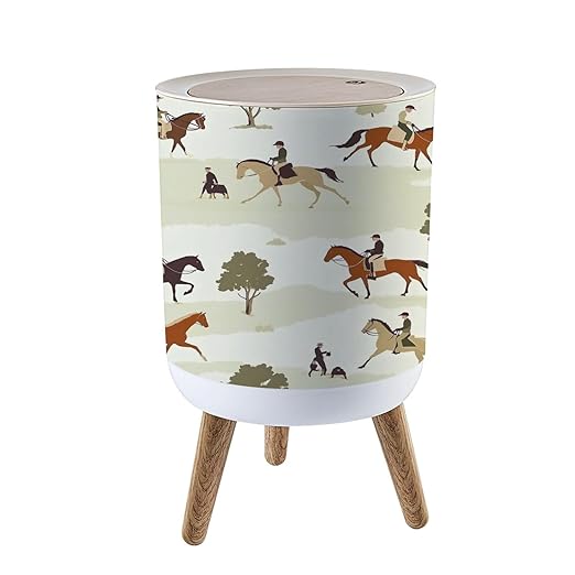 Trash Can with Lid Tradition hunting horse english style landscape seamless pattern Press Cover Round Small Garbage Bin with Wooden Legs Waste Basket for Kitchen Bedroom Nursery 7L/1.8 Gallon