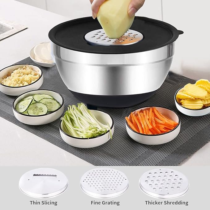 Rottay Mixing Bowls Set with Airtight Lids, 20PCS Stainless Steel, Nesting Bowls with 3 Grater Attachments & Non-Slip Bottoms, Size7, 4, 3, 2, 1.5, 1QT Bowls for Baking&Prepping