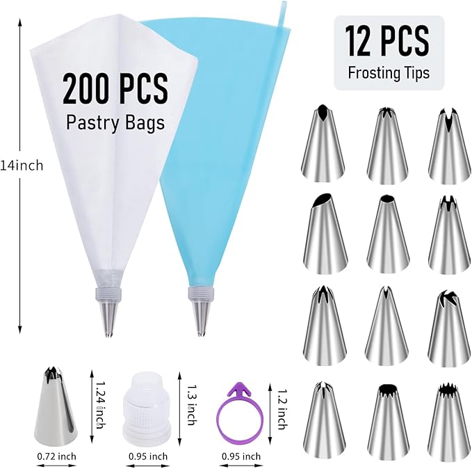 200Pcs Piping Bags and Tips Set, 12 Inch Pastry Bags, Cakes Decorating Kit Supplies, Icing Bags Disposable with 1 Reusable Piping Bags, 12 Frosting Tips, 2 Couplers, 2 Bag Ties