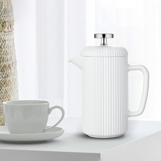 Easyworkz Porcelain French Press 34 fl oz, Coffee Tea Maker with Stainless Steel Plunger 1000 ml, Ivory