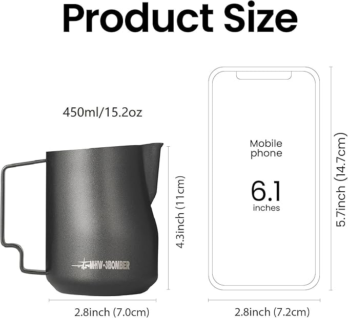 MHW-3BOMBER Milk Frothing Pitcher 450ml/15.2oz Milk Frother Cup Espresso Steaming Pitcher Stainless Steel Milk Frother Cup Barista Latte Art Round Spout Milk Jug P6005MB
