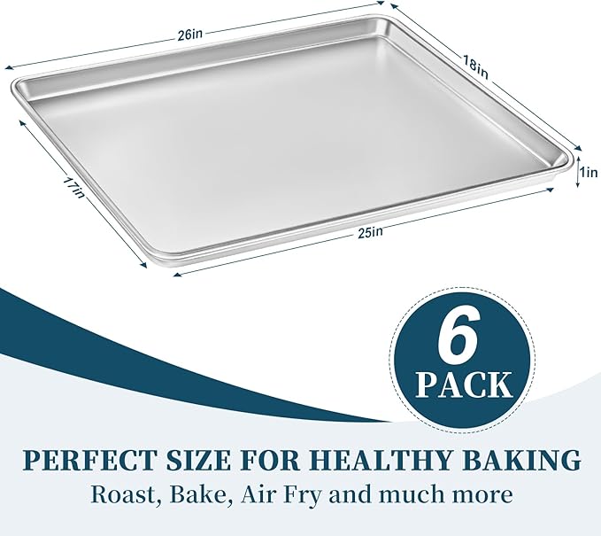Full Size Commercial Quality Baking Sheet Pan, Bastwe Aluminum Cookie Tray Pan for Oven, Freezer, Bakery, Hotel Restaurant, Thick Steel Rim Prevents Warping (6 Pack, 26 x 18 Inch)