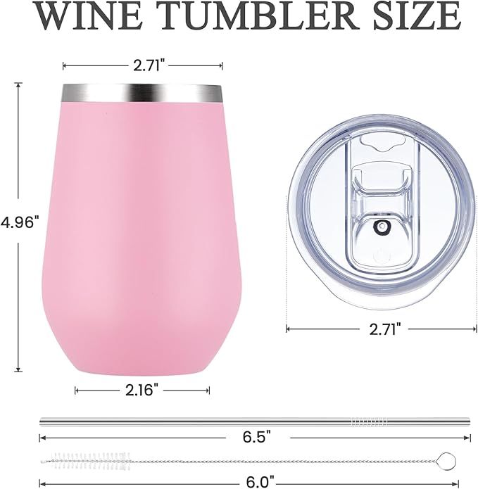 MEWAY 12oz Insulated Wine Tumbler with Lid and Straw - Double Wall Vacuum Stainless Steel Wine glass, Ideal for Travel and Office, Baby shower prizes for winners(Pink,Set of 4)