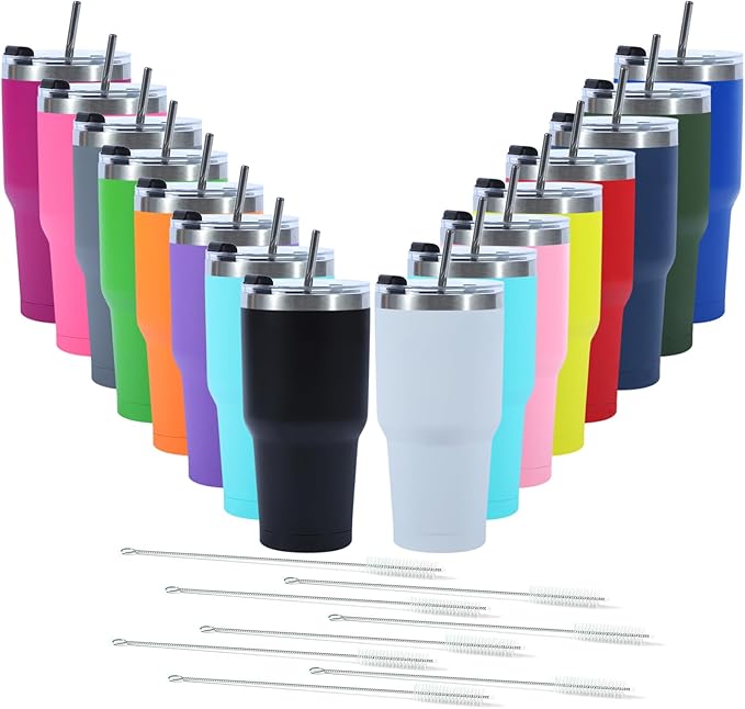 16 Pack 30oz Insulated Tumbler with Lids and Straw, Stainless Steel Travel Coffee Tumbler,Powder Coated Travel Mug (Mixed color)