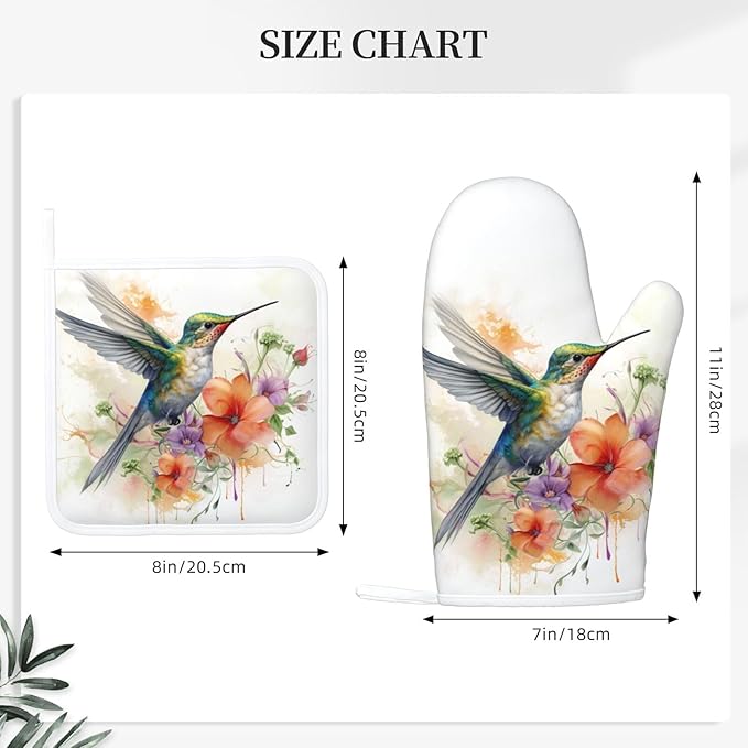 Oven Mitts and Pot Holders Watercolor Hummingbird Flower Silicone Kitchen Accessories Set of 4 Heat Resistant Long Gloves Potholder Non-Slip Grip for Chef Cooking Baking Grilling BBQ