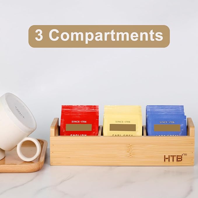 HTB Small Tea Bag Holder Pack of 2, Bamboo Tea Organizer 3 Compartments for Beverage Suppliers, Sweeteners, Individual Packets, Portable Tea Bag Organizer for Home Kitchen Counter or Office