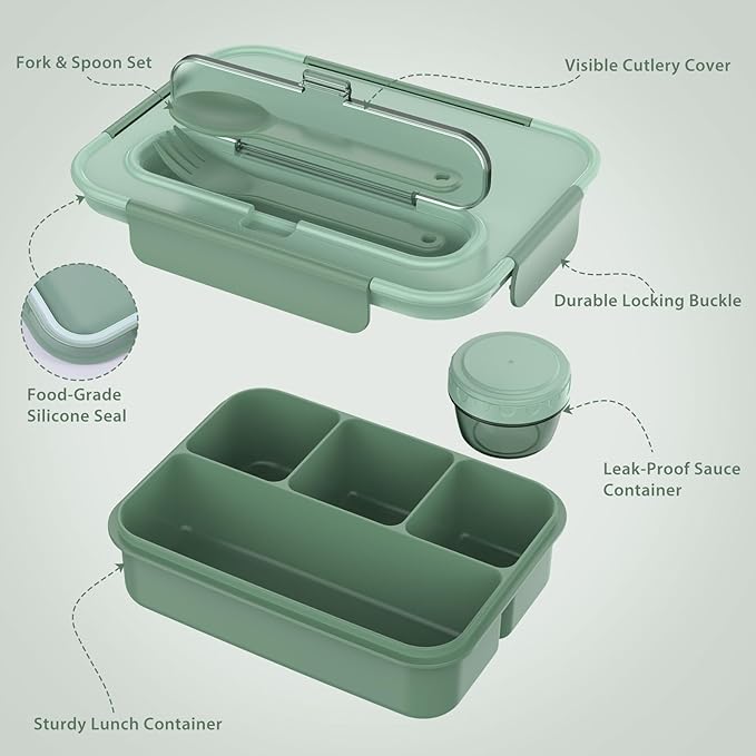 Caperci Bento Box Adult - 50 oz Large Lunch Containers for Adults and Teens, 4-Compartment Bento Lunch Box with Utensils & Leak Proof Sauce Cup, Dishwasher Safe, Durable, BPA-Free (Khaki Green)