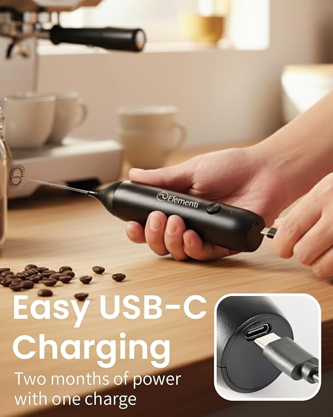 Elementi Milk Frother Wand Rechargeable Drink Mixer - Powerful USB-C Rechargeable Frother Handheld & Coffee Mixer Wand - Hand Held Milk Foamer to Make Perfect Cappuccinos, Lattes & Drink Mixes (Black)