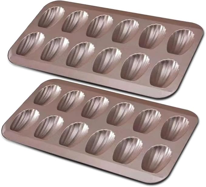 Madeleine Pans for Baking (2-Pack) 12 cup Madlen Mold Makes Shell Shape Cake Cookies Nonstick Carbon Steel Madeline Tray for Oven Gold