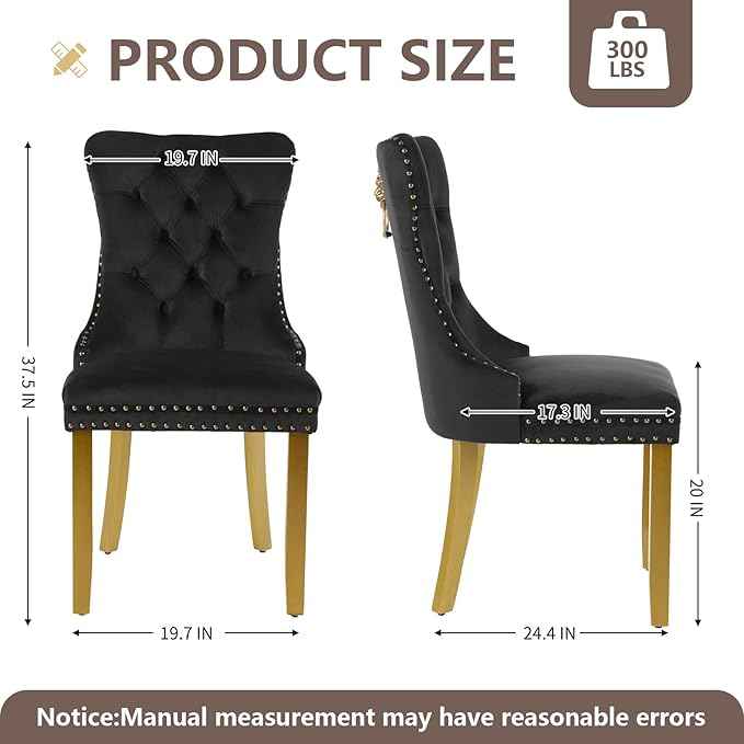 Velvet Dining Chairs Set of 4, Modern Tufted Dining Room Chair, Upholstered Dining Chairs with Lion Head Pulls Ring and Golden Solid Wood Legs, Luxury Kitchen Chairs for Dining Room, Black