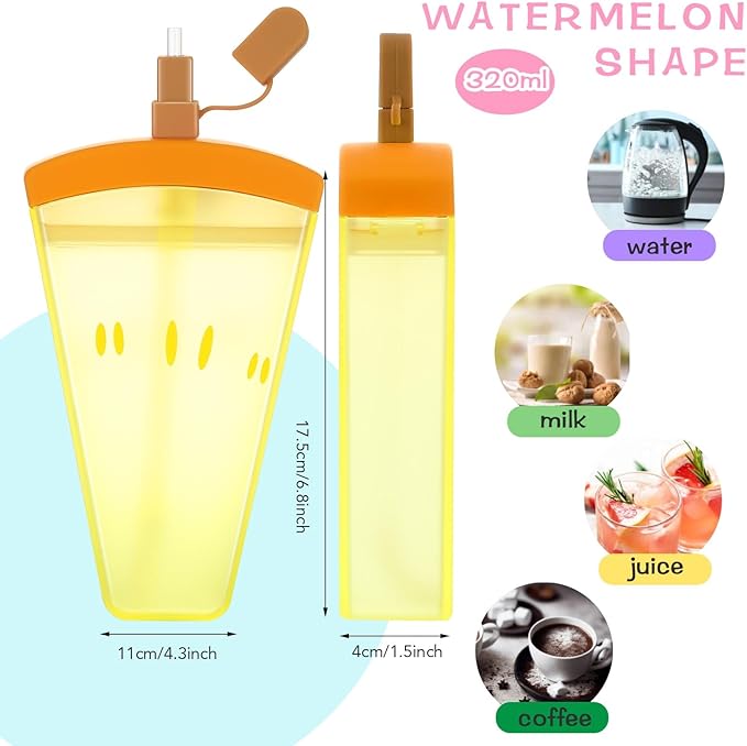 Patelai 8 Pcs 10.5oz Cute Water Bottles with Straw Kawaii Ice Cream Cups Leak Proof Drinking Bottles with Adjustable Shoulder Strap for Sports Travel Camping (Watermelon)