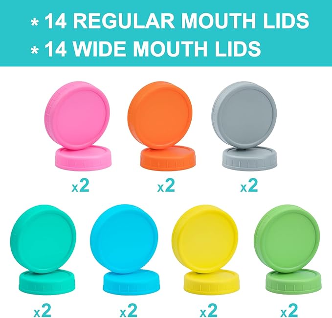 AOZITA [ 28 Pack ] Plastic Mason Jar Lids Fits Ball, Kerr & More - 14 Wide Mouth & 14 Regular Mouth - Colored Storage Caps for Canning Jars, Dishwasher Safe & Food Grade