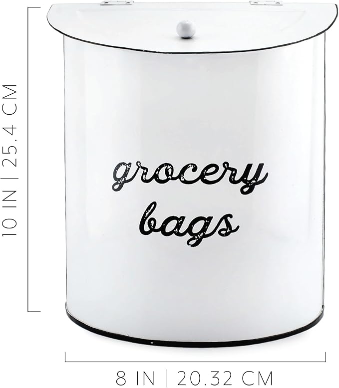 AuldHome Design Rustic Grocery Bag Holder; Wall-Mounted Vintage Enamelware Farmhouse Style Plastic Bag Dispenser for Kitchen or Laundry Room