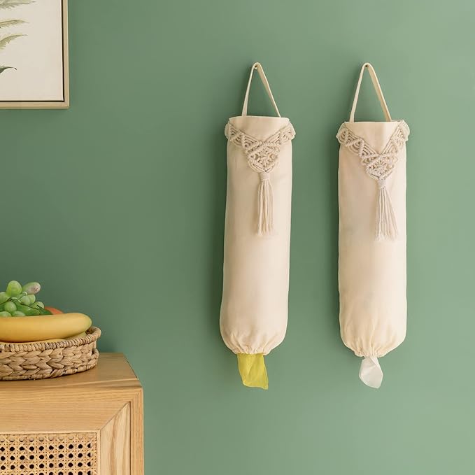 Mkono 2 Pack Macrame Plastic Bag Holder Grocery Bags Organizer Trash Bag Dispenser Camper Boho Decor Shopping Bag Storage for Kitchen Closet Pantry Laundry Room, Ivory, 9”W x 21”L