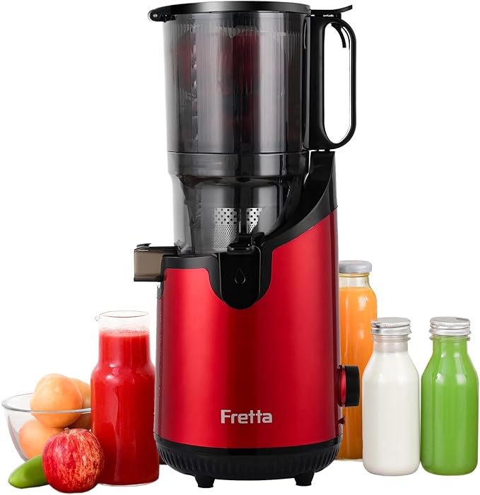Cold Press Juicer Machines,Fretta Juicer Machines with PCTG Material from the USA,5.3" Extra Large Feed Chute Fit Whole Fruits & Vegetables,Truly BPA-Free,Easy to Clean,250W (Red, 1.8L)