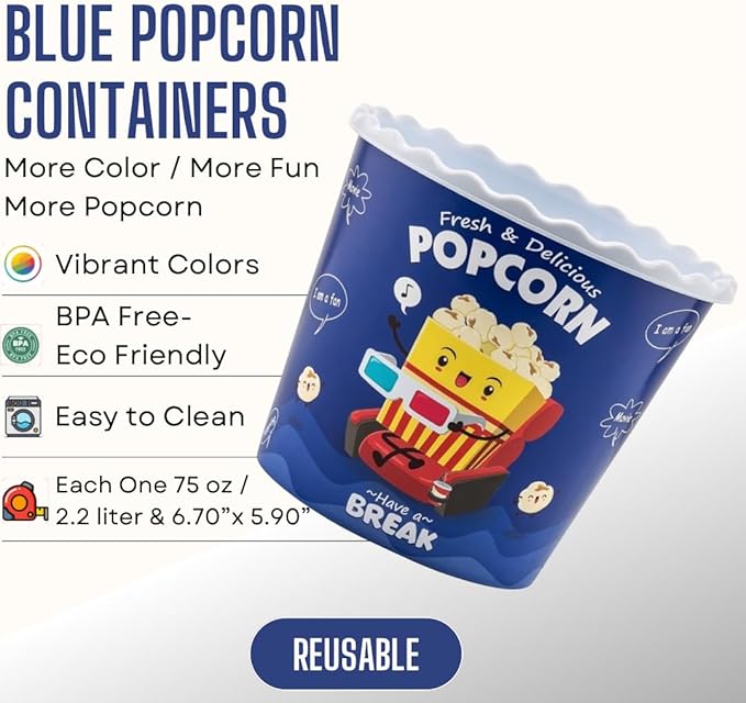ONONEXPRESS Modern Style Reusable Plastic Popcorn Box/Popcorn Containers/Popcorn Bowls Set for Movie Theater Night - (BPA Free - 6 Pack-75 oz) (6, BLUE)