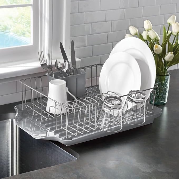 Farberware Classic 3-Piece Dish Drying Rack Set for Kitchen Counter, Gray - Rust-Resistant Wires, Self-Draining Board, Flatware Caddy, Non-Slip Feet