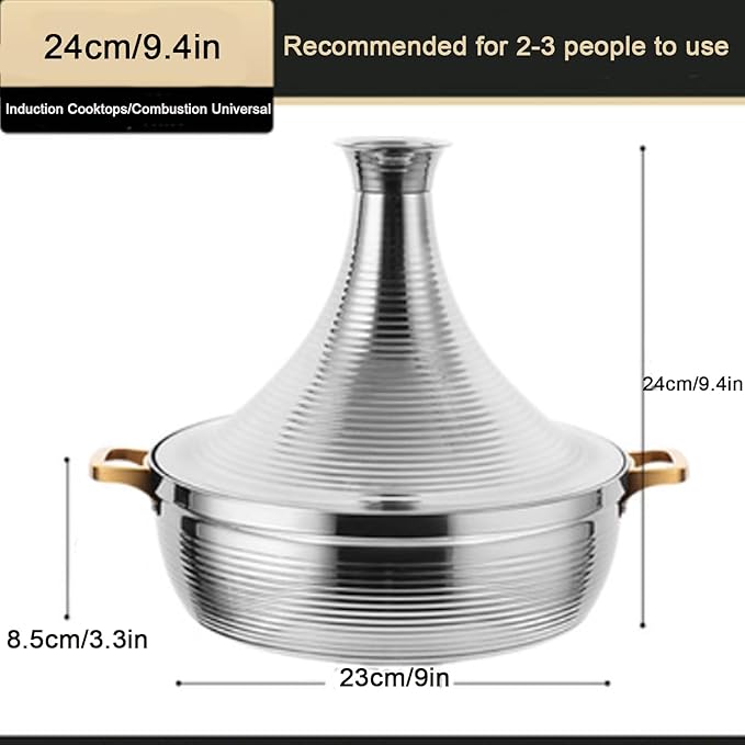 Stainless Steel Moroccan Tagine Pot, Large Moroccan Tajine Casserole with Cone-Shaped Lid, Non Stick Tagine Cooking Pot with 2 Handles(24cm/9.4in, Silver)