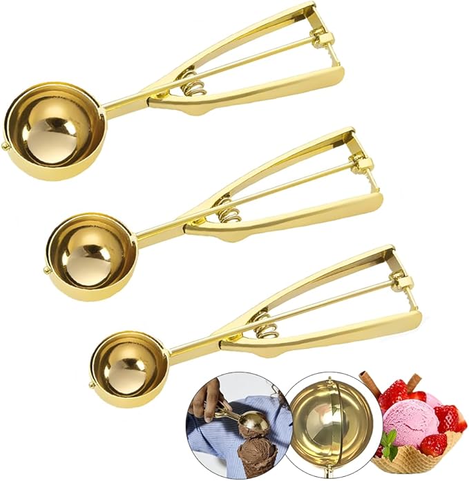 Gold Ice Cream Scoop 304 Stainless Steel Cookie Scoops for Baking Melon Baller with Trigger 3 Sizes (Gold, S/M/L)