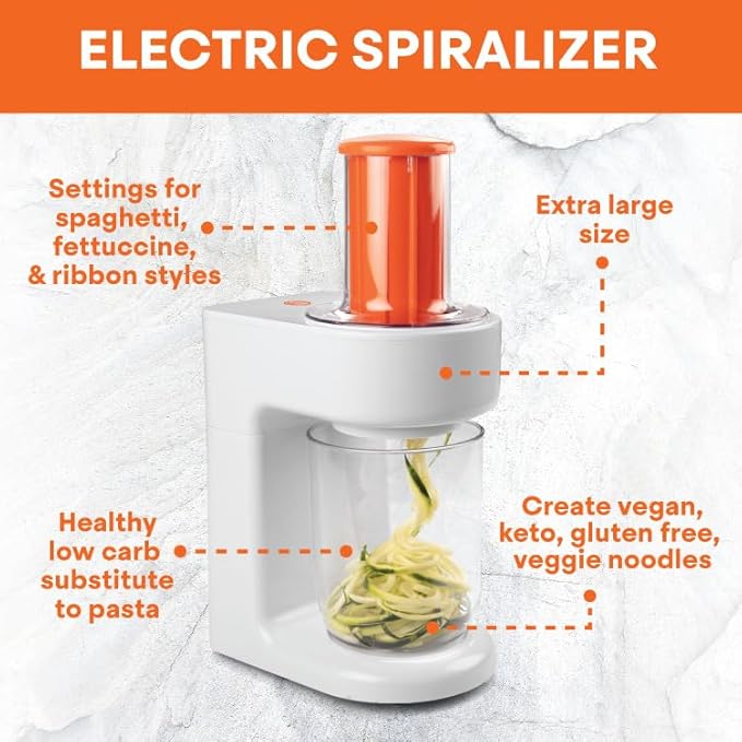 MasterChef Electric Spiralizer- 3-in-1 Vegetable Noodle Pasta Maker- Homemade Low Carb, Keto, Vegan, Gluten Free- Zoodle Zucchini Veggie Slicer & XL Hopper, FREE Recipes- Quick Healthy Meal Prep Gift