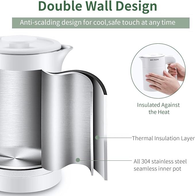 0.6L Small Electric Kettles Stainless Steel, Travel Mini Hot Water Boiler Heater, Double Wall Cool Touch Portable Teapot, Auto Shut-Off & Boil-Dry Protection, 120V/800W, 2 Year Warranty (white)