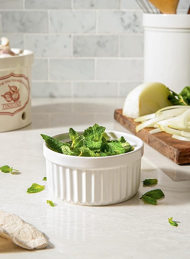LE TAUCI Ramekins 8 OZ Oven Safe, Creme Brulee Ramekins, Pudding Custard Cups Souffle Ramiken, Dipping Sauce Dishes, Ceramic Ramekin Bowls Set of 6, White