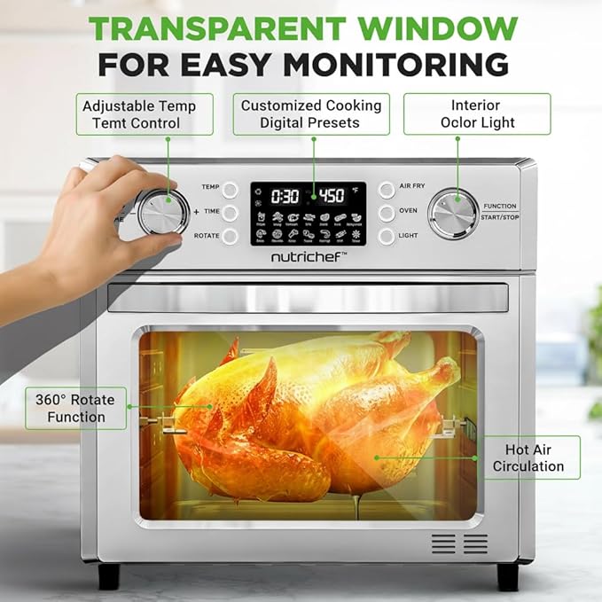 NutriChef 26L Electric Air Fryer Oven | 1700W Countertop Rotisserie & Air Fryer | 360° Rotating Feature | 10 Menu Presets | Includes Drip Tray, Air Frying Basket & Bake Rack 15x16x14 | Stainless Steel
