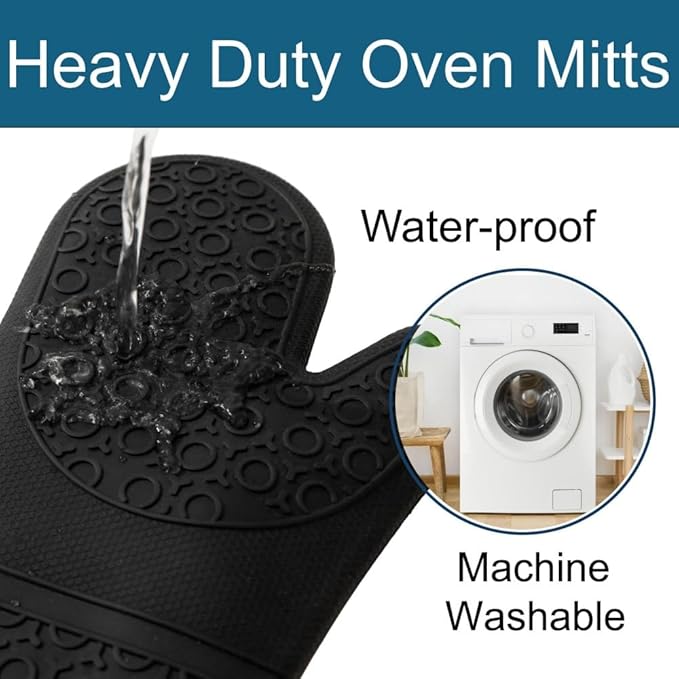 Extra Long High Temp Oven Mitts - 2pcs Commercial, Heavy Duty Non-Slip Grip Mitts - Silicone Heat Resistant Up to 500 Degrees, Ideal for Cooking, Baking & Frying, Black
