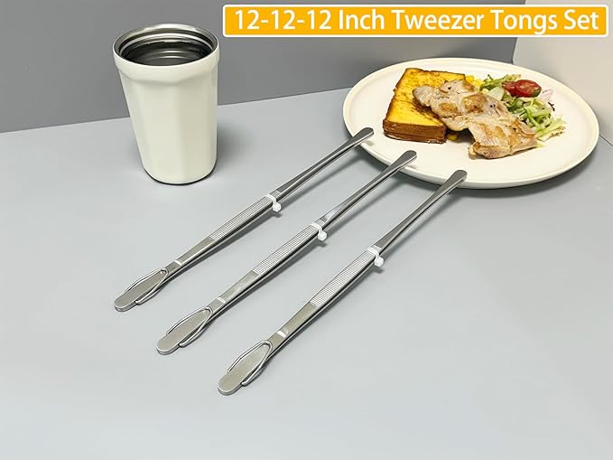 JETKONG 3 Pcs 12-Inch Cooking Tweezer Tongs Food Tweezers for Kitchen and Barbecue (12 12 12 Inch, Silver)