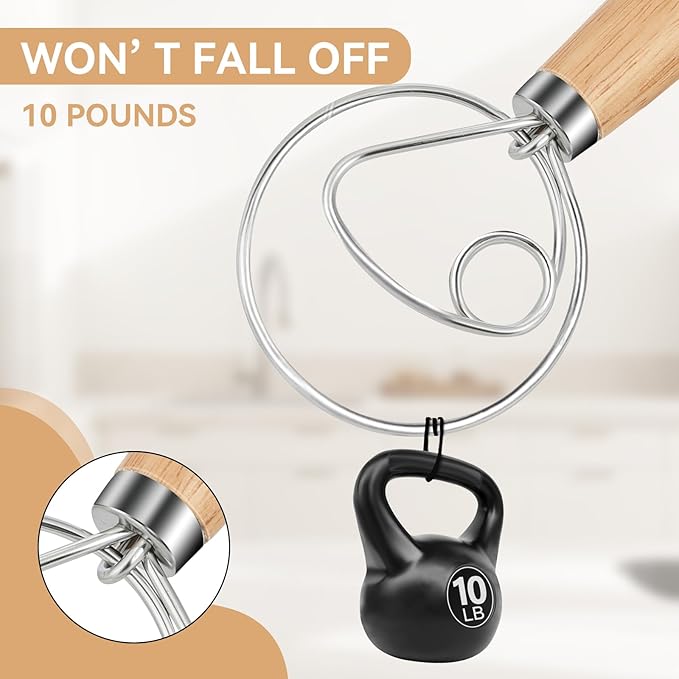 Danish Dough Whisk Dutch Bread Mixer Stainless Steel Hook Wooden Handle Baking Tools for Sourdough Pizza Pastry Cake Batter Making