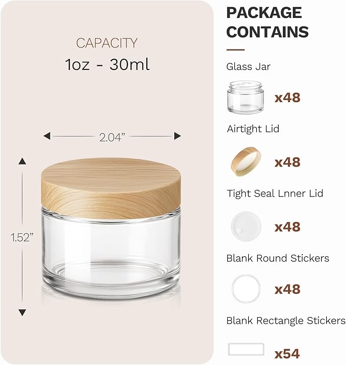 1 oz Glass Jars with Plastic Woodgrain Lids, Bumobum 48 pack Round Clear Cream Jars with Black and White Labels & Inner Liners, Empty Cosmetic Containers for Cream, Lotion, Ointment