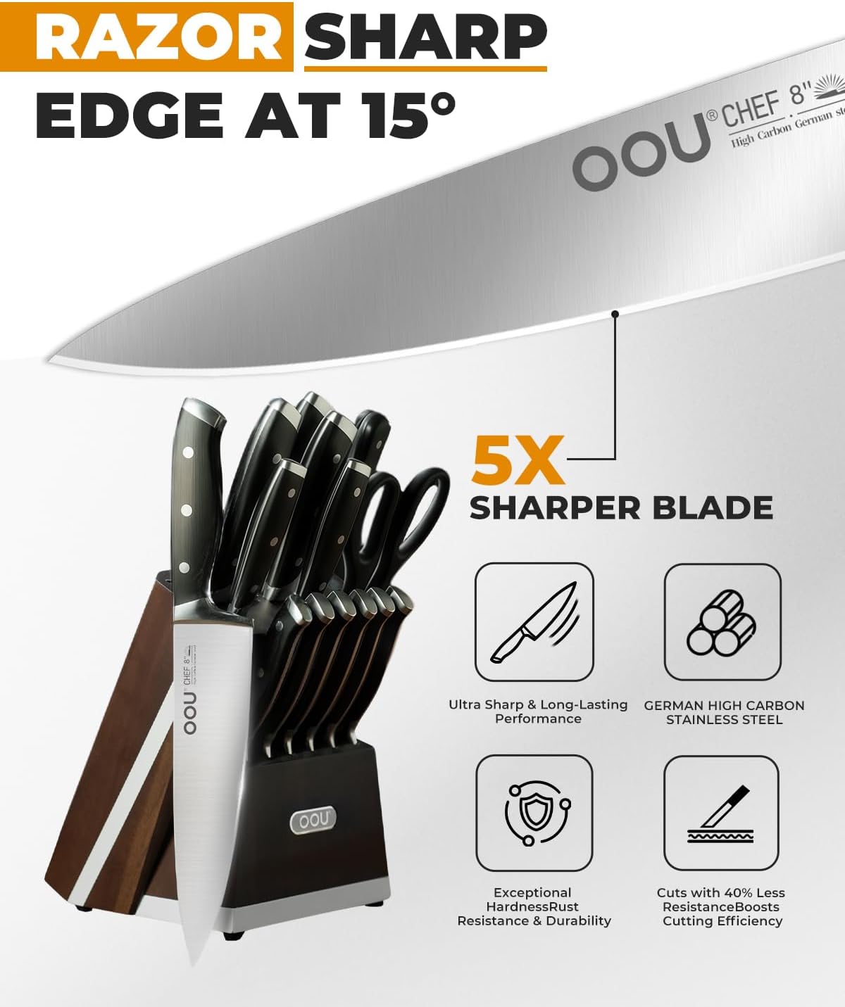 OOU 15-Piece Kitchen Knife Set with Block, German Stainless Steel Knife Blcok Set with Sharpening Rod, Ergonomic Wood Handle, Premium Cutlery Set with Steak Knives