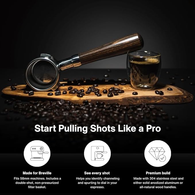 CREMA Coffee Products 58mm Bottomless Naked Portafilter | Compatible with 58mm Breville Machines | Includes Double Shot Filter Basket | Walnut