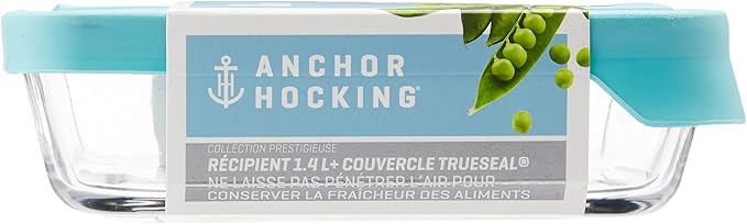 Anchor Hocking TrueSeal Glass Food Storage Containers with Mineral Blue Airtight Lids, 6 Cup Capacity (48 Oz), Rectangle, Pack of 4