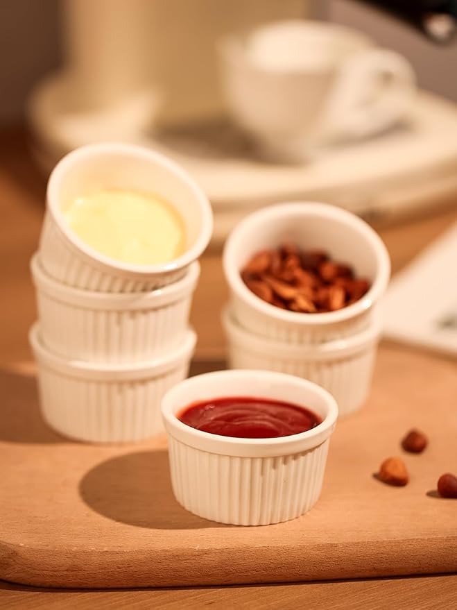 2.5 oz Ramekins 6 pcs Porcelain Ramekins Dishes for Souffle,Creme Brulee, Pudding, Custard Cups,Bakeware Bowls Set for Baking,Oven Safe, White 2.5 inch