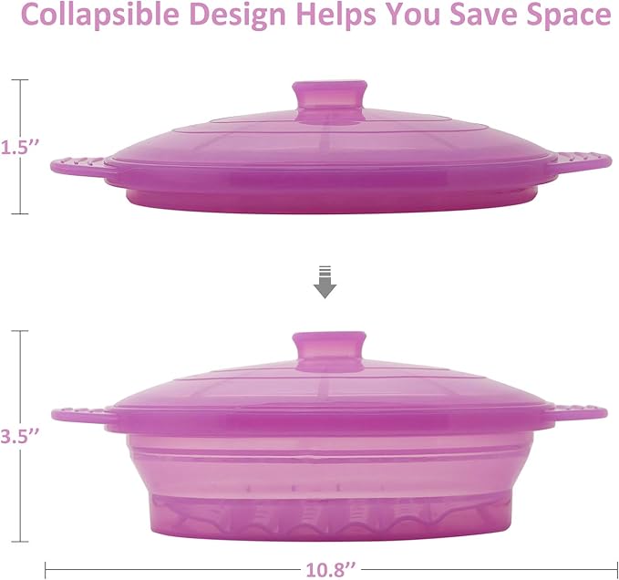 Microwave Steamer Cooker Collapsible Bowl-Silicone Steamer Cookware with Handle Lid for Vegetables Fish Prep Meal Food with Removable Rack BPA Free, Easy to Store, Freezer & Dishwasher Safe, Purple