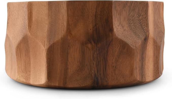Arthur Court Acaica Wood Salad Serving Bowl for Fruits or Salads - Curved Faced Diamonds Sides Modern Centerpiece Bowl 12 inch Diameter 6 inch tall