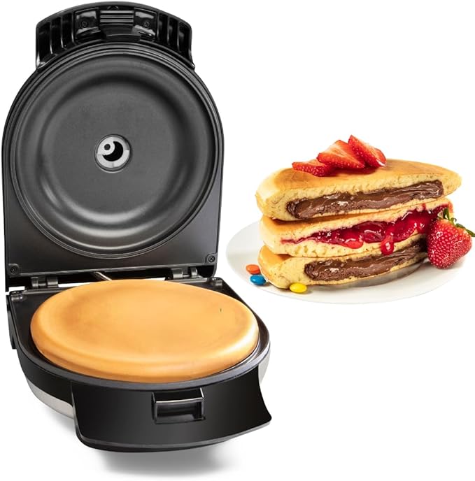 Electric Stuffed Pancake Maker- Make a GIANT Stuffed Waffle or Pan Cake in Minutes - Add Fillings for Delicious Breakfast or Dessert, Nonstick Baker Machine w Silicone Batter Funnel, Fun Unique Treat
