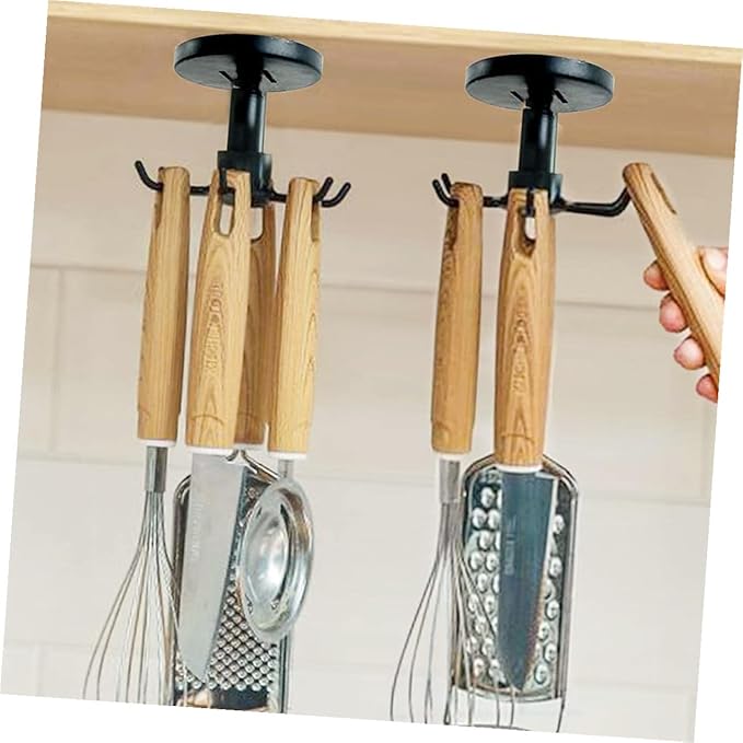 SUPVOX 3pcs Rotating Hanging Utensil Hooks Kitchen Utensil Holder Nail-Free Under Cabinet Storage Rack Black for Kitchen Organization