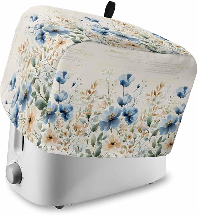 Blue Flowers Rustic Toaster Cover 2 Slice, Spring Vintage Botanical Dustproof Bakeware Oven Protector with Top Hook, Floral Beige Waterproof Small Kitchen Appliance Toasters Dust Cover, 11"x6"x8"