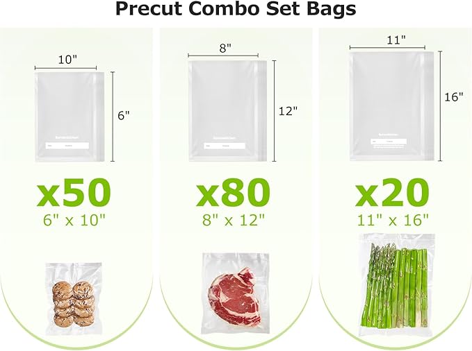 Bonsenkitchen Vacuum Sealer Bags, 20 Gallon 11" x 16"+ 80 Quart 8" x 12"+ 50 Pint 6" x 10", Commercial Grade, BPA Free, Food Sealer Bags for Vac Storage, Meal Prep or Sous Vide Cooking, VB15